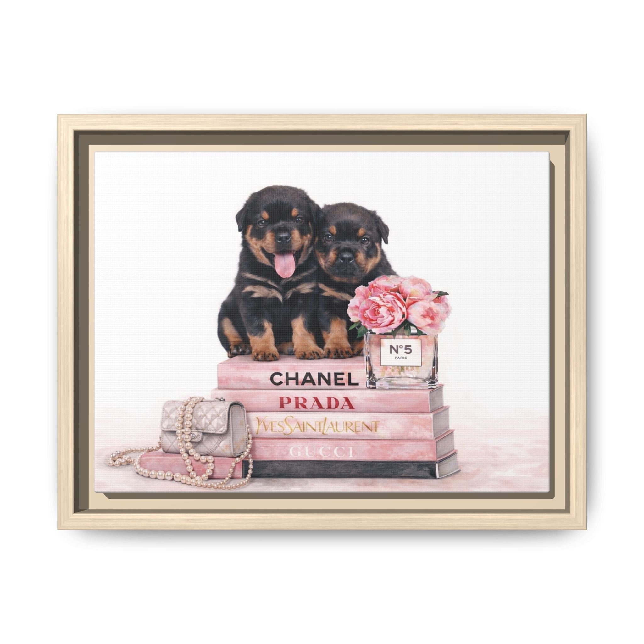 Luxury Puppy Fashion Canvas Print — Chic Rottweiler Puppies on Designer Books (Matte Framed)